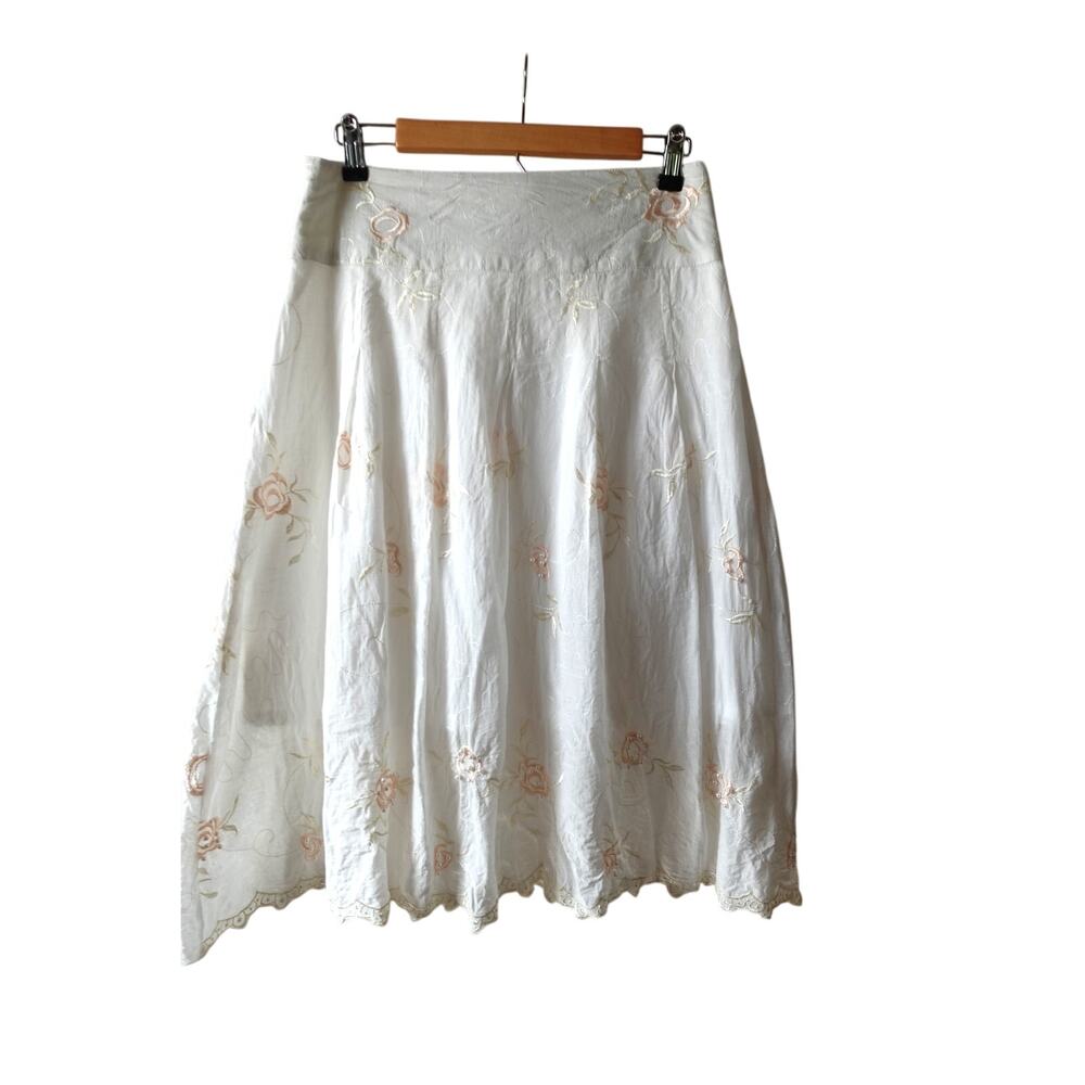 White Midi Skirt with Subtle Peach Embroidery